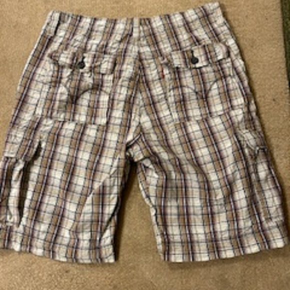 Men Shorts Levi's Size 36 Brown & Tan Plaid 100% Cotton Zip Fly Button Enclosure - Picture 2 of 5